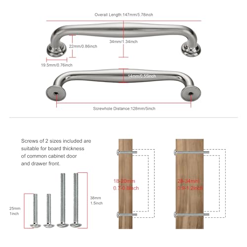SAILING 10 Pack Cabinet Handles-5"/128mm Screw Spacing Brushed Nickel Furniture Hardware Handles for Kitchen Cabinets Bedroom Dresser Wardrobe Cabinet Pulls - color: Brushed Nickel, size: 5"(128mm)Hole Center-10Pcs