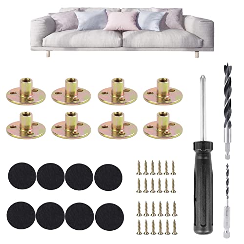 Leg Mounting Plates, Furniture Leg Attachment Plates Industrial Strength T-Plate 5/16" (M8) Sofa Leg, Strengthen Weak Furniture feet Repair Damaged Sofa Couch Seat,with Drills Bits, Set of 8