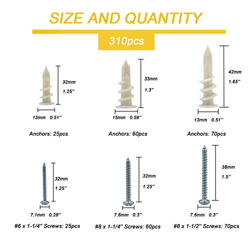 3 Sizes Self Drilling Drywall Anchors, 310PCS Nylon Plastic Wall Anchors and Screws for Drywall, No Pre Drill Hole Preparation Required,13x32mm,15x33mm,13x42mm (Pack of 3) - size: 3 (Pack of 3)
