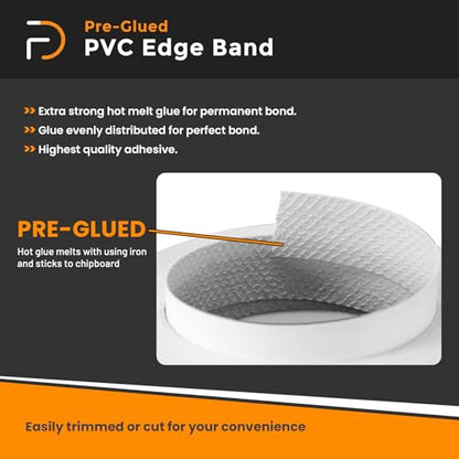 7/8" x 50' PVC White Roll Pre-Glued Edge Banding, Iron on Edge Band, Hot Melt Adhesive, Furniture Edge Tape, PVC Edging for Easy Furniture Restoration, Rough Surface, Based in USA - size: 7/8" x 50ft
