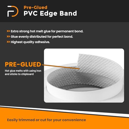 7/8" x 25ft PVC White Roll Pre-Glued Edge Banding, Iron on Edge Band, Hot Melt Adhesive, Furniture Edge Tape, PVC Edging for Easy Furniture Restoration, Rough Surface, Based in USA - size: 7/8" x 25ft