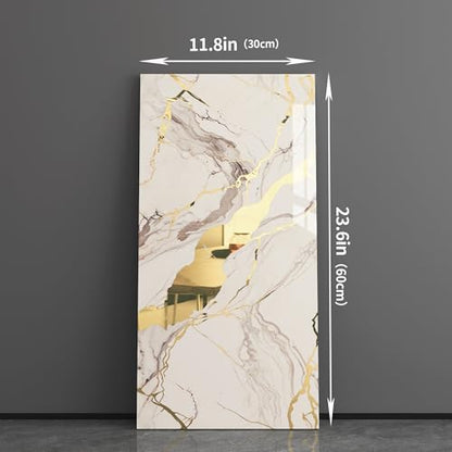 Haimin Wall Panels Peel and Stick 10 Pieces 23.6x11.8in (19.4 Sq. Ft. Coverage) Lightweight Backsplash Marble Look Tile (not Real Marble) Ideal for Kitchen Bathrooms Living Rooms Bedrooms - color: White Gold-03