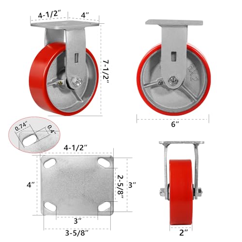 6" Casters Set of 4 Heavy Duty Industrial Caster Wheels with Load 4800lbs Capacity, Polyurethane Wheels for Workbench,Tool Box,Dolly(2 Brake & 2 Rigid) - style: 6'' Wheel