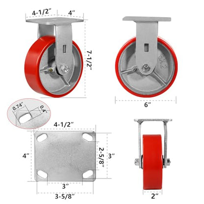 6" Casters Set of 4 Heavy Duty Industrial Caster Wheels with Load 4800lbs Capacity, Polyurethane Wheels for Workbench,Tool Box,Dolly(2 Brake & 2 Rigid) - style: 6'' Wheel