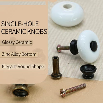 6pcs White Ceramic Cabinet Knobs, Large Round Drawer Knobs - size: 6pcs-Large-Black
