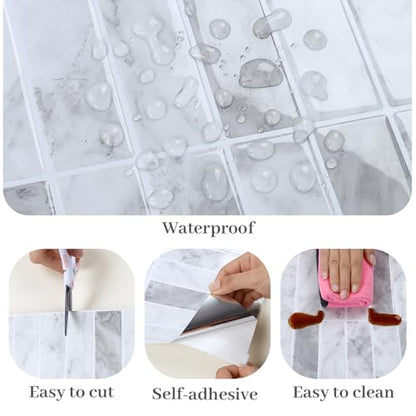 VaryPaper 20 Sheets Grey White Marble Look Backsplash Peel and Stick Subway Tile Self Adhesive Vinyl Tile Waterproof Removable Sticky Backsplash for Renters Back Splash Stick on Tiles for Kitchen - size: 20 Sheets