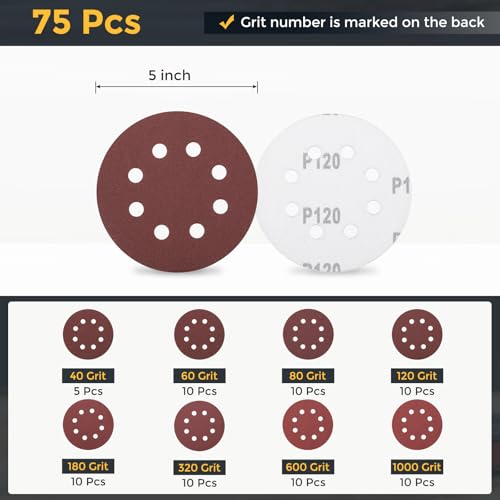 HARFINGTON 75Pcs 5Inch Sanding Disc 8 Hole Hook and Loop Sandpaper Red - size: 5 Inch(40/60/80/120/180/320/600/1000 Grit)