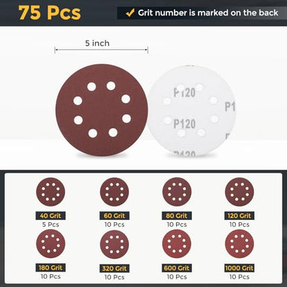 HARFINGTON 75Pcs 5Inch Sanding Disc 8 Hole Hook and Loop Sandpaper Red - size: 5 Inch(40/60/80/120/180/320/600/1000 Grit)