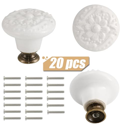 Ceramic Cabinet Knobs, Embossed Floral Design - White, 20pcs - color: White
