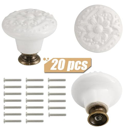 Ceramic Cabinet Knobs, Embossed Floral Design - White, 20pcs - color: White