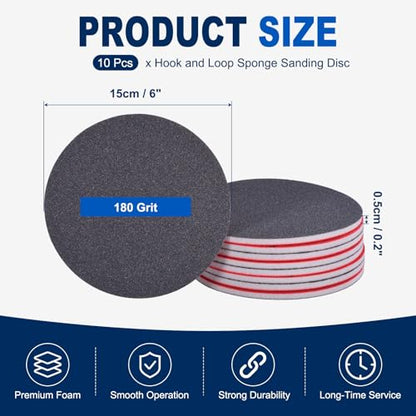 10Pcs 6 Inch Hook and Loop Sponge Sanding Disc, 180 Grit - size: 6 Inch 180 Grit
