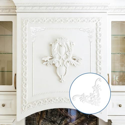 INCREWAY 4PCS Unpainted PVC Corner Wall Molding, French Style Medallion, Wainscoting Accent Panel for Ceiling Cabinet Door Bed Dresser Mirror Furniture (11cm, Leaf Pattern)