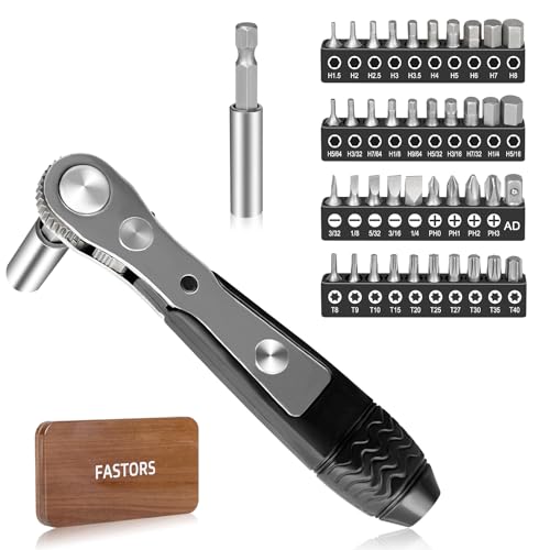 Right Angle Screwdriver,42 PCS 1/4 Mini Ratchet Set,90 Degree Offset Ratcheting Wrench,Hex/Torx/Slotted/Phillips Magnetic Bits,Stocking Stuffers for Men&Women