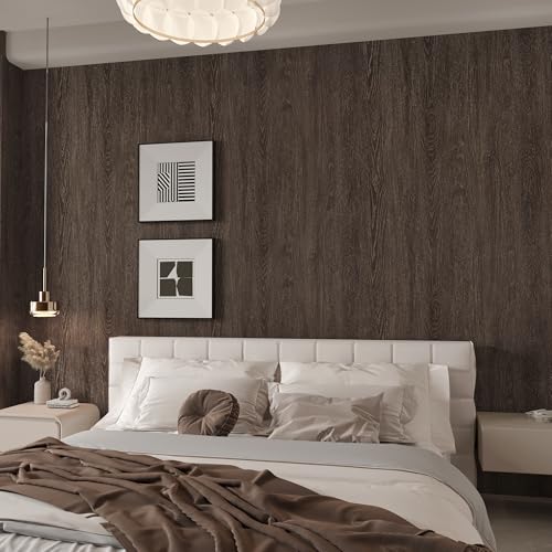 TOTIO 32x315inch Extra Wide Wood Grain Wallpaper Peel Stick Chocolate Brown Dark Walnut Texture Contact Paper Air Guide Slot Design Matte Thickened Self-Adhesive Wall Sticker Waterproof Vinyl Wrap - color: Chocolate Brown, size: 32" x 315"