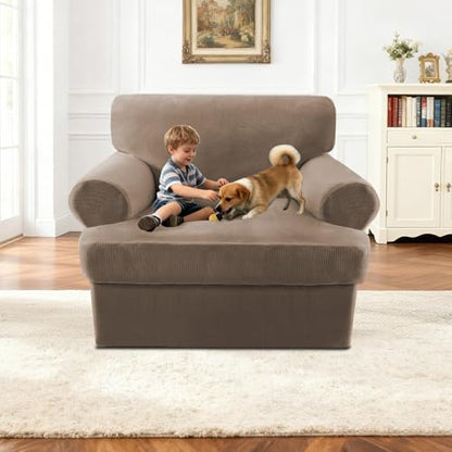 2 Pieces T Cushion Chair Covers with Arms Thick Velvet Couch Cover Stretch T Cushion Sofa Covers for Living Room Chair Cover with Individual T Cushion Covers , Washable (1 Cushion Chair, Mocha) - color: Mocha, size: Armchair (1 Cushion)