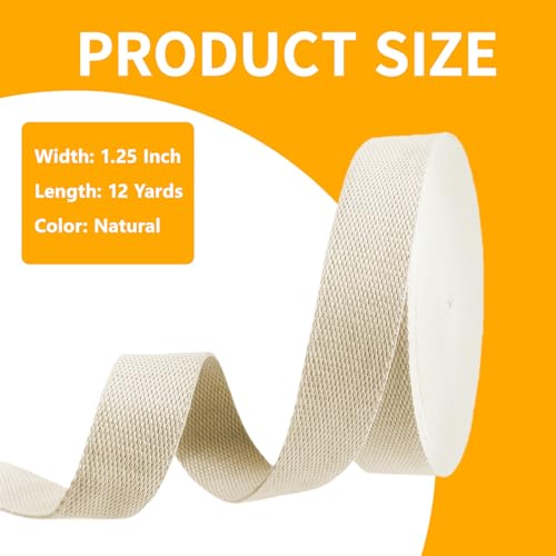 Natural Heavy Cotton Webbing 1-1/4 Inch, 12 Yards Cotton Webbing Strap for Rug Binding Trim, Seam Reinforcement & Homemade Cloth Belt Supplies - size: Width: 1-1/4 Inch