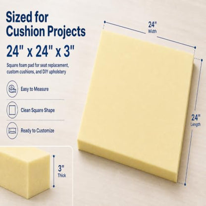 Nigoone Upholstery Foam Cushion, 3x24x24 Inch, High Density, Square Replacement Foam for Couch, Chair Seat Padding, Custom Pillow and Craft Foam - size: 3x24x24 inches