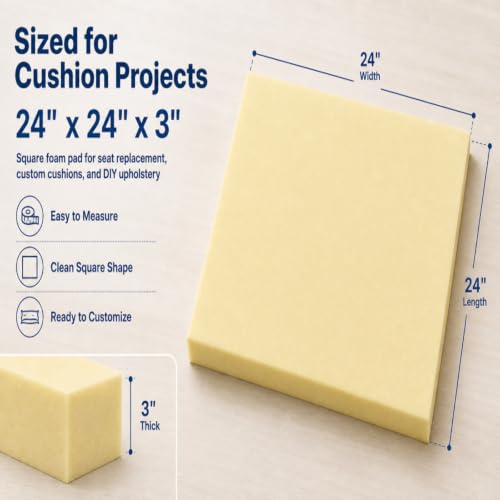 Nigoone Upholstery Foam Cushion, 3x24x24 Inch, High Density, Square Replacement Foam for Couch, Chair Seat Padding, Custom Pillow and Craft Foam - size: 3x24x24 inches