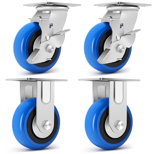 W B D WEIBIDA 5 Inch Heavy Duty Casters Set of 4, Smooth Rolling Caster Design for Cart Wheels, 3500 LBS Industrial Grade Castors with Upgraded Thickened Bracket, Durable Castors (2 Brake & 2 Rigid) - size: 5 IN (2 Brakes & 2 Rigid)