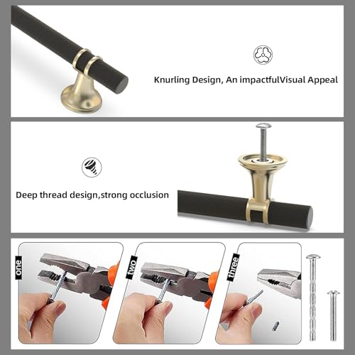 10 Pack 5 Inch Cabinet Pulls knurled Matte Black and Brushed Gold Kitchen Cabinet Handles Aluminum and Zinc Alloy Drawer Pulls Solid Cabinet Hardware - color: Black and Brushed Gold Knurled, size: 5'' Hole Center(128mm)