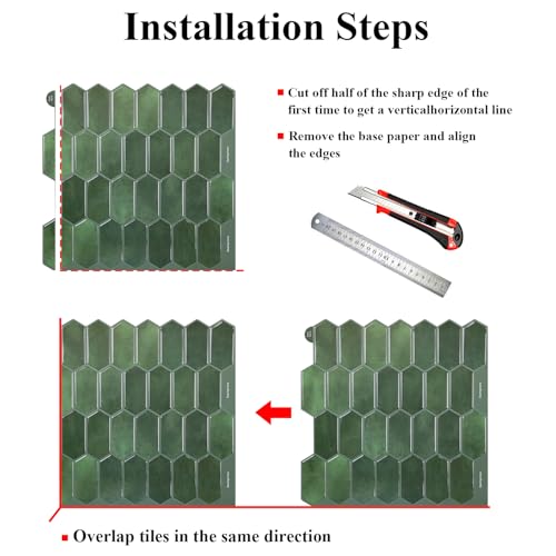 Alwayspon 10 Sheets 12" x12inch Emerald Green 3D Vinyl Backsplash Tiles, Self-Adhesive Peel and Stick Wall Tile Stickers Stick on Subway Tiles for Kitchen Bathroom Wall - color: Emerald Green