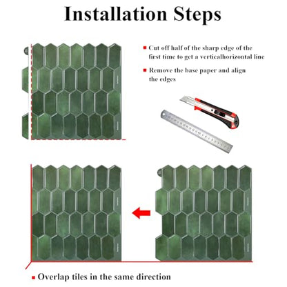 Alwayspon 10 Sheets 12" x12inch Emerald Green 3D Vinyl Backsplash Tiles, Self-Adhesive Peel and Stick Wall Tile Stickers Stick on Subway Tiles for Kitchen Bathroom Wall - color: Emerald Green