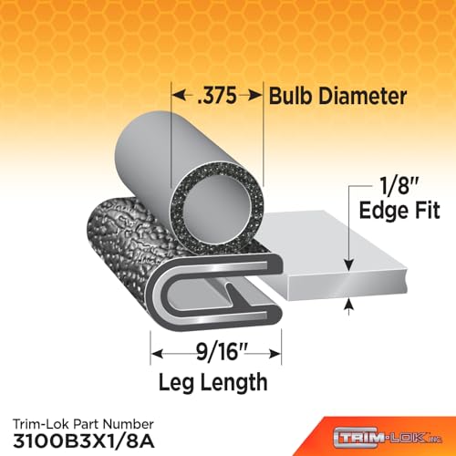 TRIM-LOK Trim Seal, Edge Trim with Side Bulb, Fits 0.375-Inch Bulb, 1/8-Inch Edge, 100-Foot Length, Black Pebble Finish, Flexible PVC Plastic Trim with EPDM Rubber Weather Stripping - style: 0.375" Bulb, 1/8" Edge, 9/16" Leg, 100 Feet
