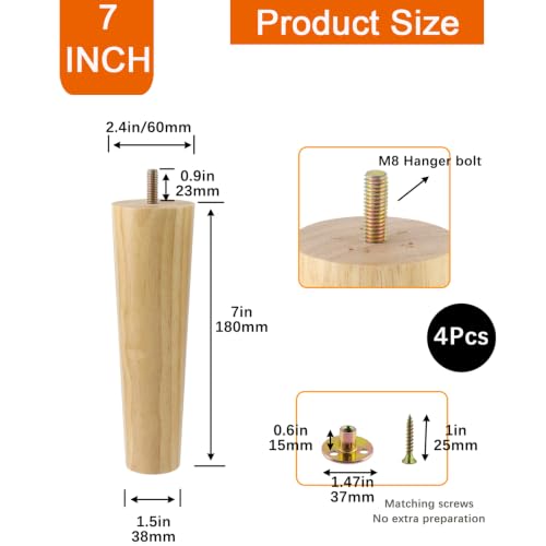 Geesatis 7 Inch Solid Wood Furniture Legs 4 Pack, Tapered, M8, Natural - color: Natural, size: 7inch