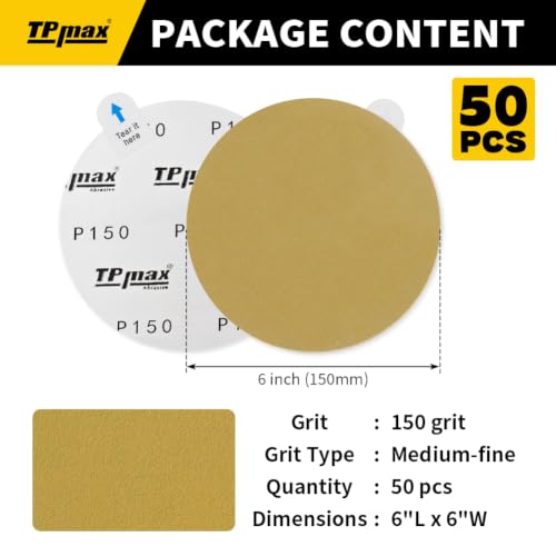 TPmax 6-Inch 150-Grit Gold PSA Sanding Discs, 50 Pack – Pro-Grade Self-Adhesive Stickyback Sandpaper with Quick-Release Tabs for DA Sander, Medium-Fine Automotive/Wood/Metal Sanding - style: 150 Grit
