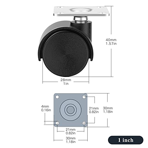 1 Inch Small Casters Set of 4, Plastic Black Nylon Low Profile Wheels Swivel Mini Casters for Furniture, Baby Bed, Kitchen, Cabinet, Table (with Stainless Steel Screws) - style: 1 inch