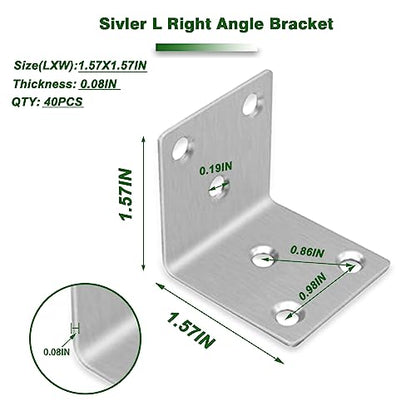 40PCS L Brackets 1.5X1.5X0.08IN 304 Stainless Steel Corner Braces - size: 1.57X1.57X0.08IN