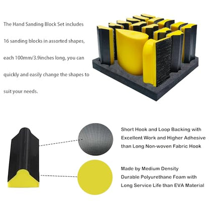 Hand Sanding Block Set, 16 Assorted Contoured Profiles, Hook & Loop - color: Yellow