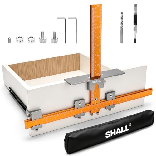 SHALL Cabinet Hardware Jig, Adjustable Aluminium Template for Cabinet Handles and Knobs, Precision Drill Guide with Steel Sleeves for Doors and Drawers, with Storage Bag