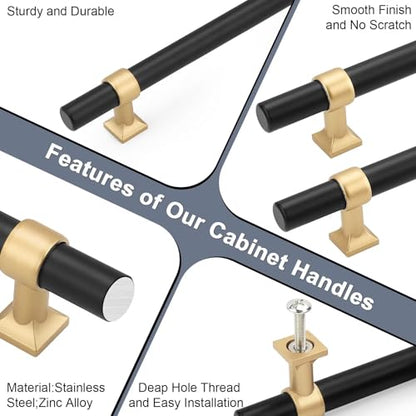 Black & Champagne Cabinet Pulls 5 Inch Hole Centers T Bar 10 Pack - color: Black with Champagne Gold Base, size: Hole Centers: 5inch
