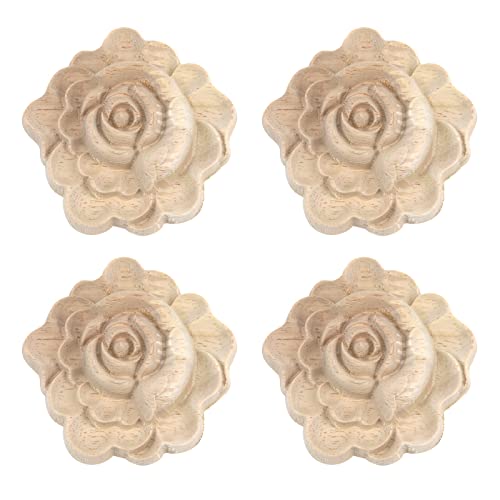 Antrader 4Pcs Unpainted Flower Shape Wood Carved Appliques Onlays,2.8x2.8in - style: Style 1