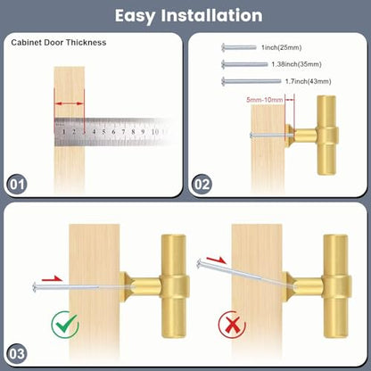 Brushed Brass Cabinet Knobs Single Hole T Bar 10 Pack - color: Brushed Brass, size: Single Hole-2inch Length