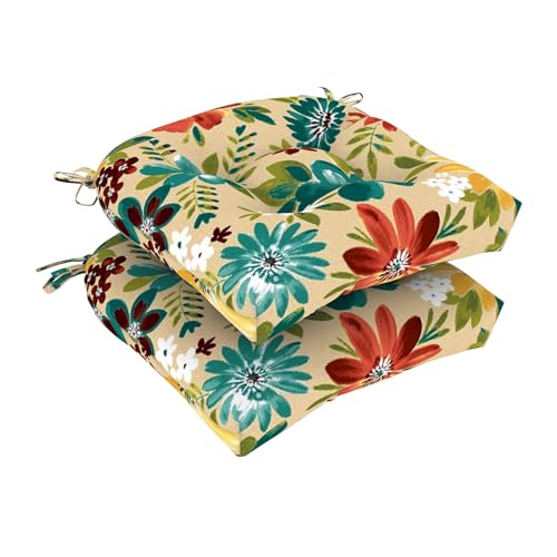 DYTXIII Set of 2 Outdoor Chair Cushions 19"x19"x4", Water Repellent Tufted Patio Seat Cushions with Ties, Thick Replacement Pads for Wicker Dining Chairs, Patio Furniture, Flower Multi - color: Flower Multi