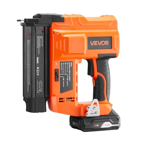 VEVOR Cordless Brad Nailer, 18 Gauge, 20V Battery Powered Nail Gun, with 500 pcs Nails, 2.0 Ah Li-ion Battery and Charger, Adjustable Nailing Depth, for Home Improvement, Woodworking, DIY Project - size: 18 Gauge - 1 Battery