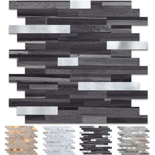 Midcard 10 Sheet Peel and Stick Backsplash Tile, Stick on Tiles for Backsplash Kitchen, Bathroom, Laundry Room, Camper, Fireplace. - color: 20Trapezoidal Black Grey Wood with Metal Silver