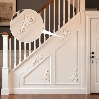 2 PCS Baroque Style Flower Carved Onlay Applique White PVC Appliques for Furniture Decorative 3D Symmetrical Furniture Decorative for Cabinets Dressers Mirrors DIY Home(Modern) - style: Modern