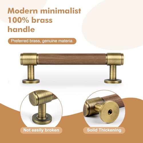 SALISENG-Solid Brass and Walnut Wood Kitchen Cabinet Pulls, 5 Pack 3-3/4 Inch Brass Dresser Drawer Handles, Modern Furniture Hardware Pulls for Bathroom Bedroom Living Room Cabinets - size: 3-3/4 Inch Hole Center