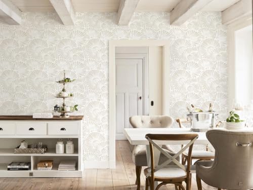 Ismoon Beige Wallpaper Peel and Stick Wallpaper Boho 17.3in x 6.56ft Neutral Removable Modern Geometric Wall Paper for Bathroom Bedroom Nursery Home Wall Waterproof Vinyl - color: Beige and White, size: 17.3" x 78.7"
