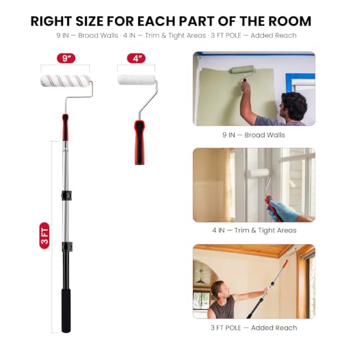 Mister Rui 4 Inch and 9 Inch Paint Roller Kit with 3-Ft Extension Pole - size: 20 Pack 9 Inch Paint Roller Kit & Extension Pole