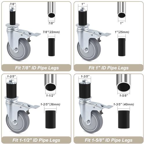 ERKOON 3 Inch Prep Table Caster Wheels Set, 4 Heavy Duty Expanding Stem Casters Fit 7/8", 1", 1-1/2", 1-5/8" Tube Leg with Brake for Stainless Steel Table, Cart, Furniture Legs, Kitchen Workbench - color: 3inch