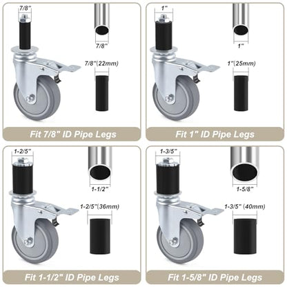 ERKOON 3 Inch Prep Table Caster Wheels Set, 4 Heavy Duty Expanding Stem Casters Fit 7/8", 1", 1-1/2", 1-5/8" Tube Leg with Brake for Stainless Steel Table, Cart, Furniture Legs, Kitchen Workbench - color: 3inch