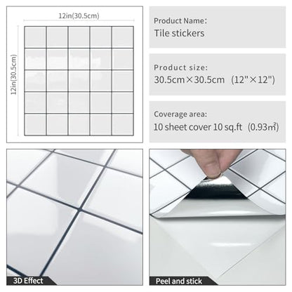 DEWOO Peel and Stick Backsplash Self Adhesive Wall Tiles White,10-Sheet - color: White