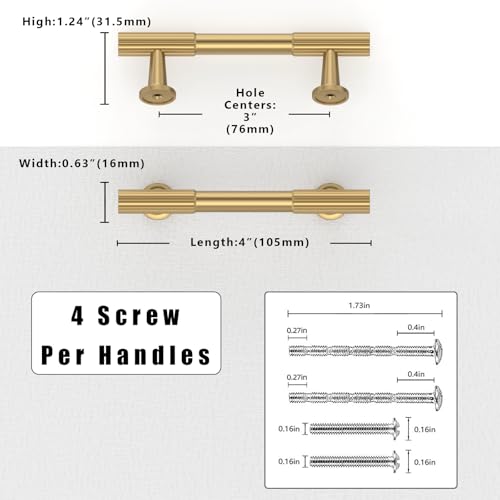 10 Pack Brushed Brass Cabinet Pulls 3 Inch(76mm) Kitchen Cabinet Handles Solid Zinc Alloy Cabinet Hardware Drawer Pulls - color: Brushed Brass, size: 3" Hole Center