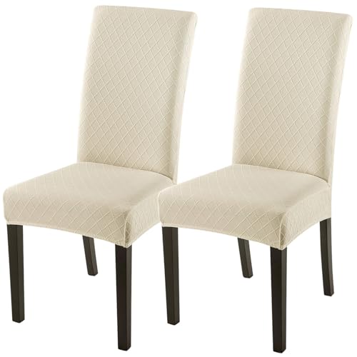 SearchI Dining Room Chair Covers Set of 2, Stretch Jacquard Parsons Chair Slipcovers Super Fit Removable Washable Kitchen Chair Protector Cover for Dining Room, Hotel, Ceremony (Beige Rhombus) - color: Beige Rhombus, size: Set of 2