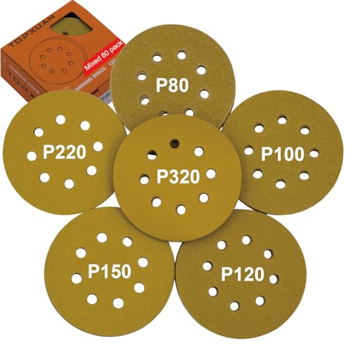 Sanding disc 5 Inch 8 Holes Mixed 60 Pack,Orbital Sander Pads,Hook and Loop Wet/Dry Gold Sandpaper,Include 80,100,120,150,220,320 Grit Each of 10 Pack