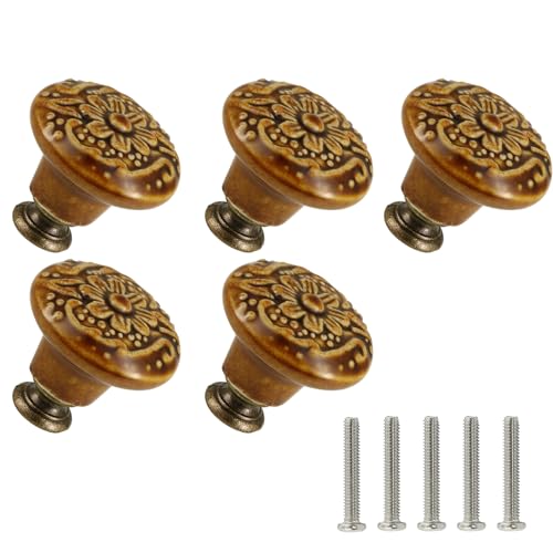 Ceramic Cabinet Knobs, Embossed Floral Design - Brown, 20pcs - color: Brown